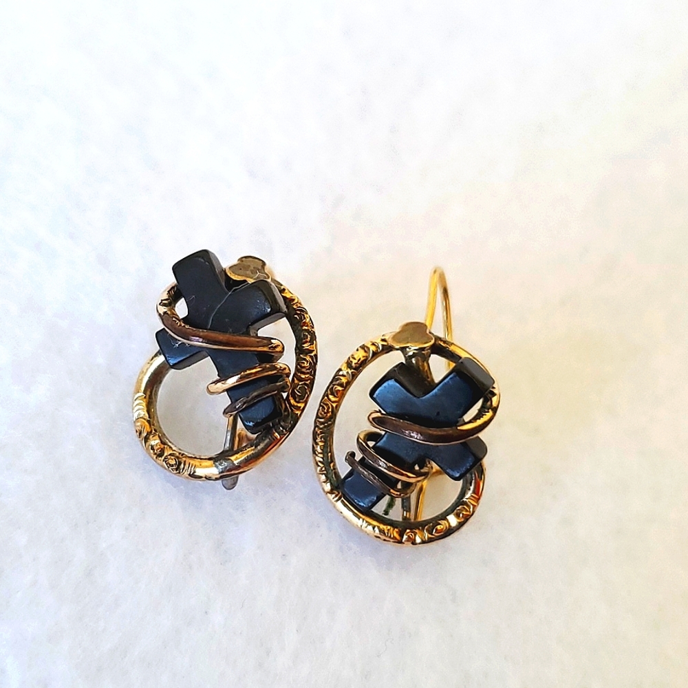 Antique Onyx Cross Earrings Gold Victorian